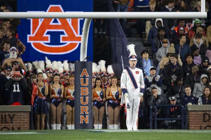 AUBURN, ALABAMA - NOVEMBER 29: Members of the Auburn Tigers marching band perform prior to their game against the Alabama Crimson Tide at Jordan-Hare Stadium on November 29, 2025 in Auburn, Alabama. (Photo by Michael Chang/Getty Images)