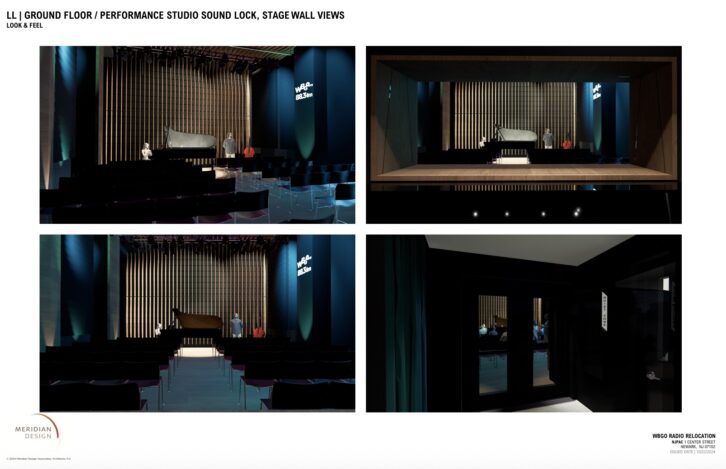 Architectural renderings by Meridian Design depict the ground floor performance venue and studio views for WBGO’s planned facility at 1 Center Street in Newark. The new space will seat 100 people for live broadcasts and community events.
