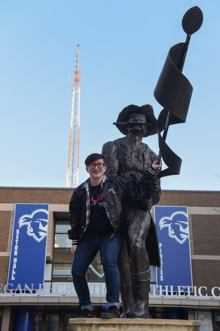 Haggerty shown on-campus at Seton Hall University with the WSOU radio tower in the background.