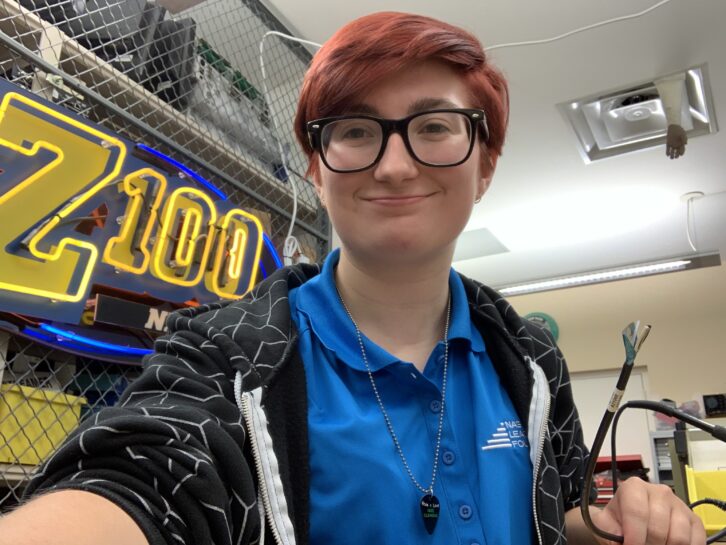 Rachel Haggerty, during her apprenticeship in 2019 with the NAB, soldering cables for the first time.