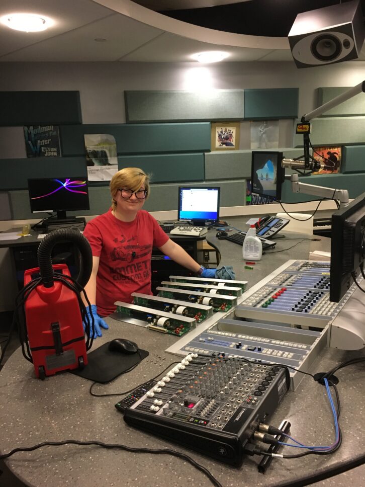 Haggerty, taking advantage of all the on-air talent going to a remote to clean the console, circa 2020. 