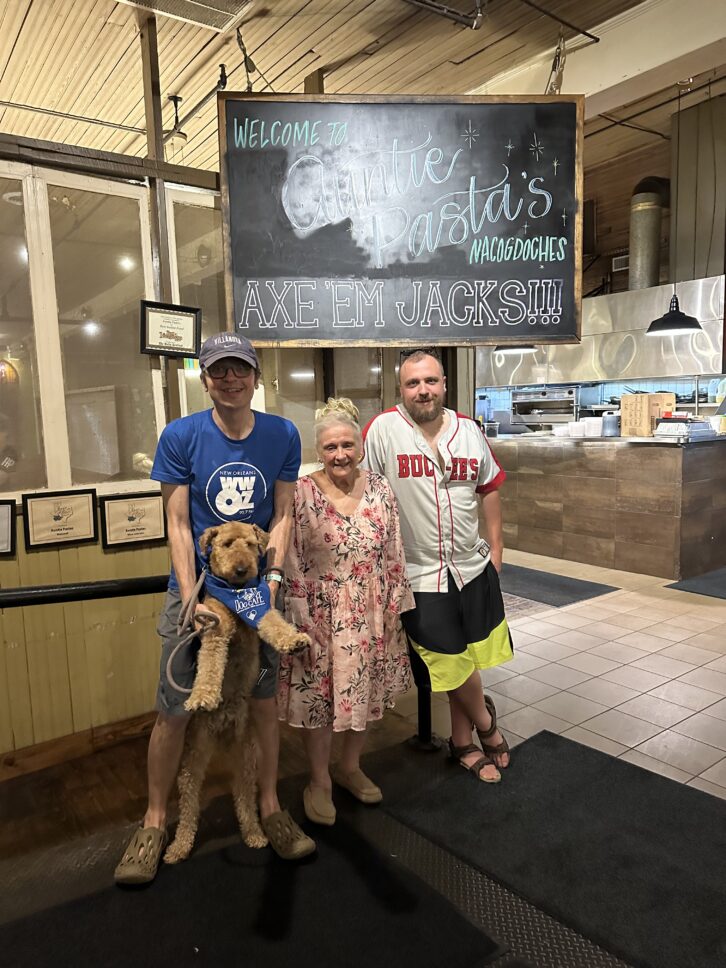 The traveling group: Myself, my mom Barbara and my brother Bobby, with Judy the Airedale Terrier
