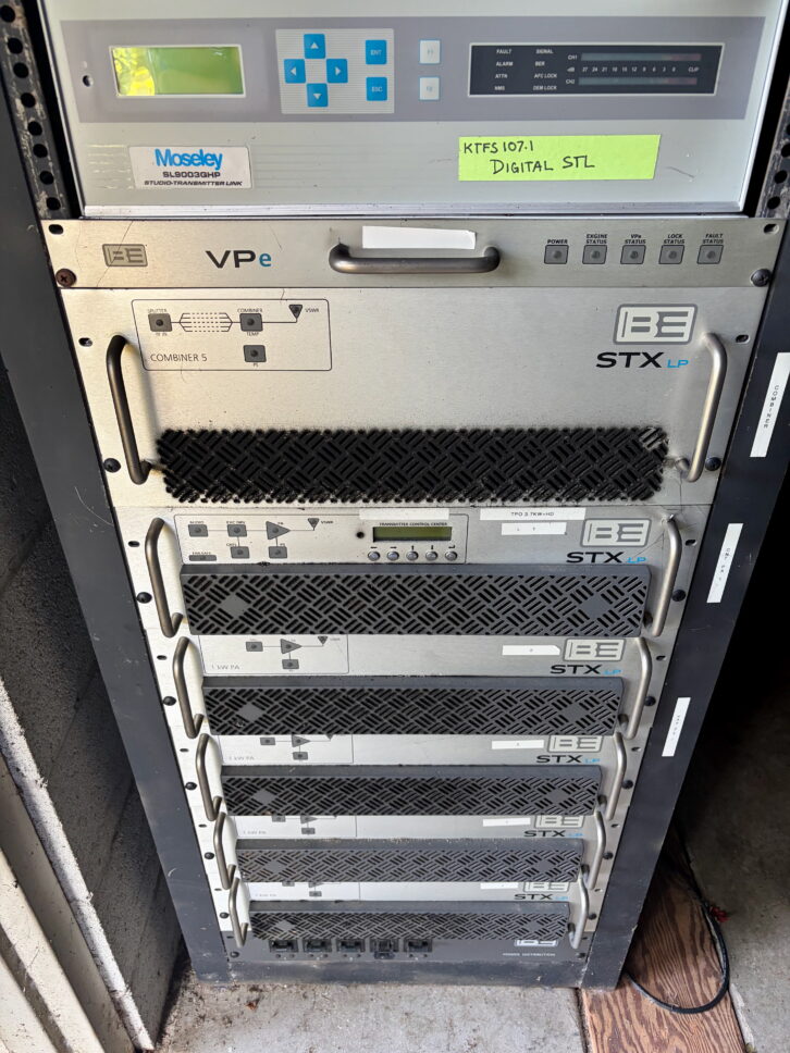 The transmitter rack for 107.1 KTFS(FM), following the lightning strike after Wes Scihter conducted a cleanup this week.