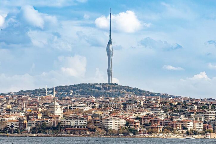 Çamlıca Tower rising above the Istanbul skyline. It carries 100 FM, 16 analog terrestrial TV and 22 DAB+ broadcasts, according to the Turkey Ministry of Transport and Infrastructure. (Getty Images/divampo)