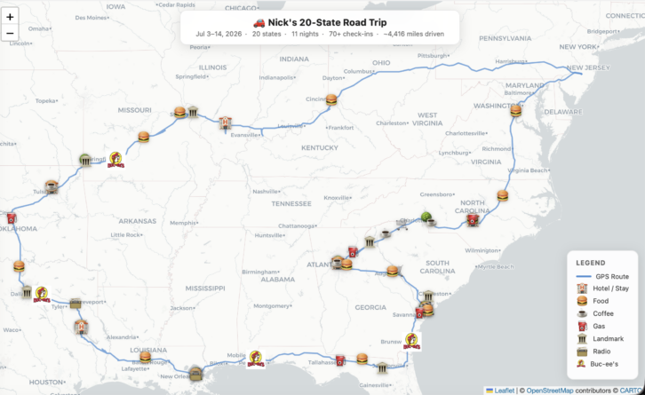 That's a lot of driving. I used my location data, and the help of Claude code, to produce this graphic of our trip route. Click to enlarge.