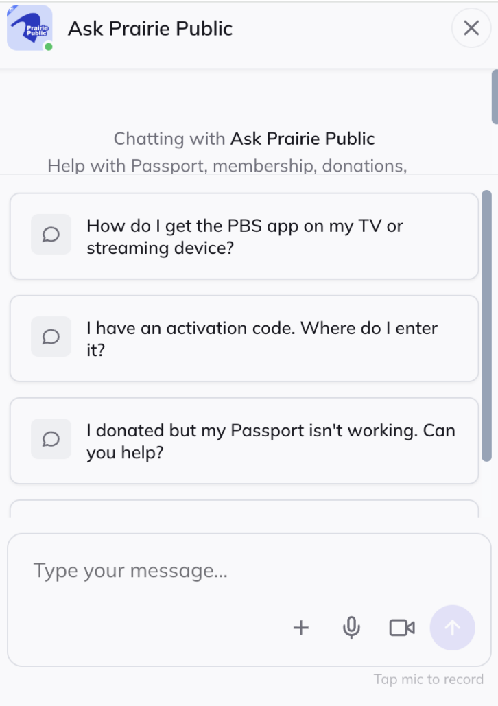 A screenshot of the Ask Prairie Public chat assistant.