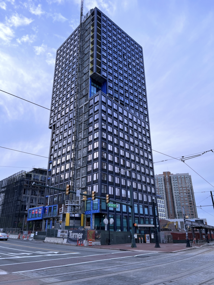 The 25-story tower at 1 Center Street in Newark stands topped off as construction continues on NJPAC's ArtSide redevelopment project. WBGO will occupy the first three floors of the building, with a target move-in date of summer 2028.
