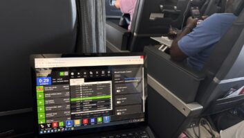 Lamar Smith took this photo while traveling to the NAB Show. The laptop is running a station’s programming using Beasley’s cloud-based WideOrbit system.