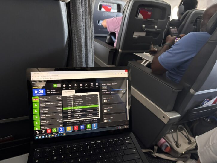 Lamar Smith took this photo while traveling to the NAB Show. The laptop is running a station’s programming using Beasley’s cloud-based WideOrbit system.