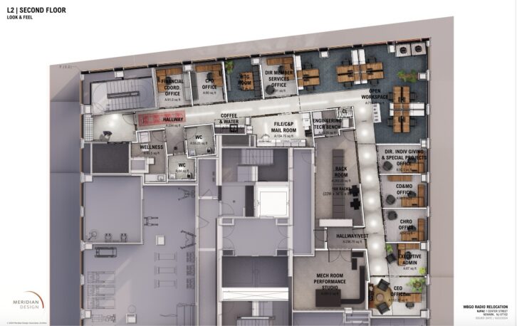 The second floor houses executive offices, rack rooms and engineering workbenches. Credit: Meridian Design