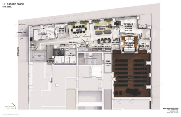 The ground floor features a 100-seat performance studio, control room and public gathering spaces,