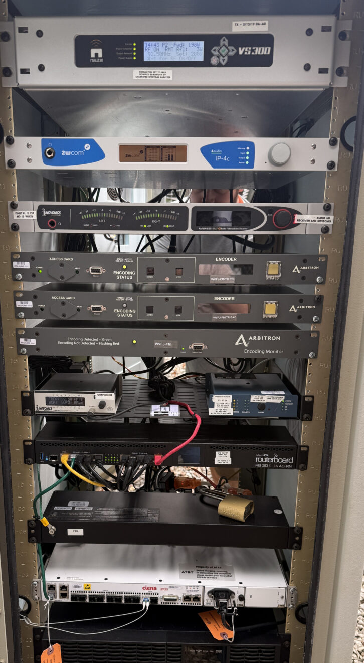 A 2wcom IP-4c codec installed in a translator cabinet in the Atlanta area. RTN used existing IP-4c units together with MoIN to establish new SRT audio paths remotely.