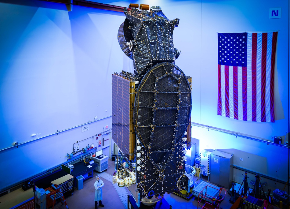 The satellite in a hangar before launch.