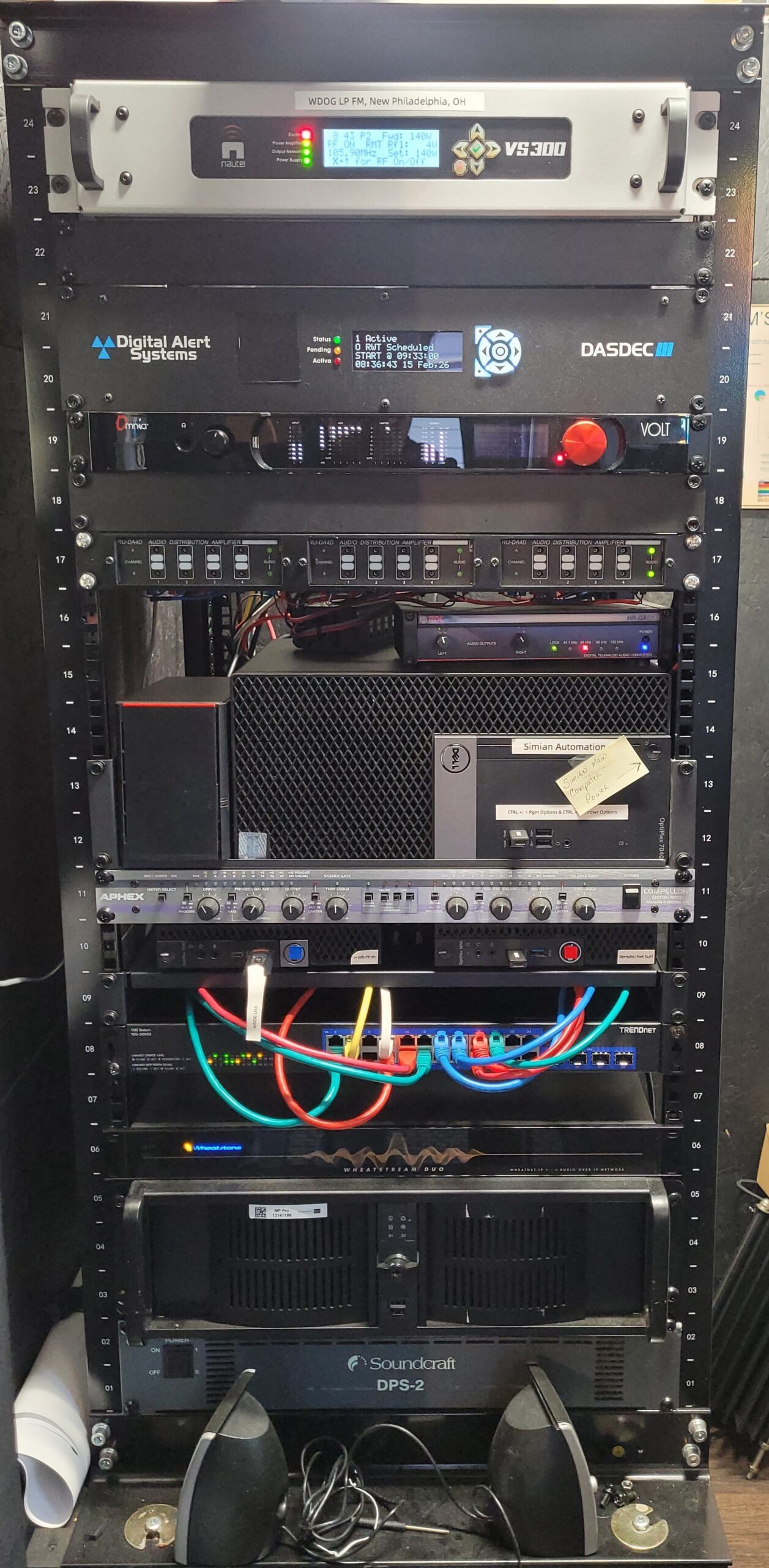 The existing transmitter rack features a console tape layout in preparation for an upcoming AoIP upgrade.