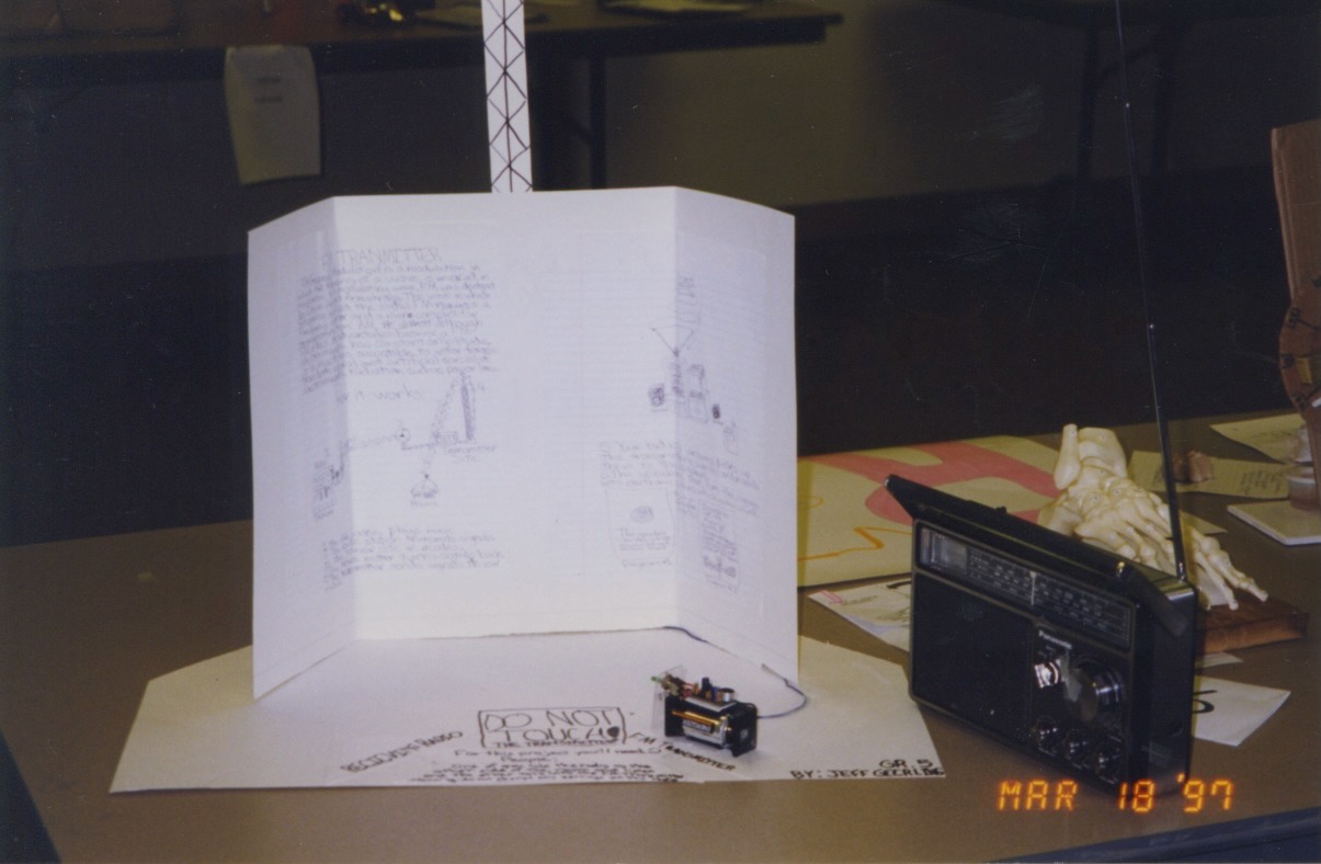 Jeff's 5th grade science fair project was demonstrating an FM radio transmitter kit he built from Radio Shack. "My Dad told me he wouldn't help me with the soldering — he had already taught me the basics, and wanted to see if I'd stick it through and finish soldering everything for the kit," Jeff told us.