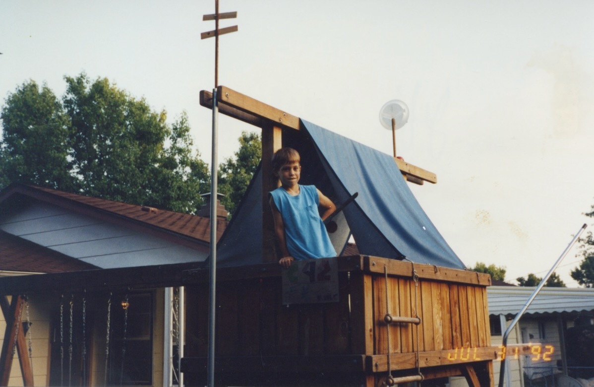 Jeff told us that this 1992 makeshift treehouse playset was home to his own transmitter site, complete with an STL dish aimed toward St. Louis!