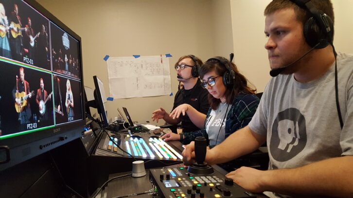 Neace operating multiple PTZ cameras during a live performance at the Kentucky Bluegrass Museum.
