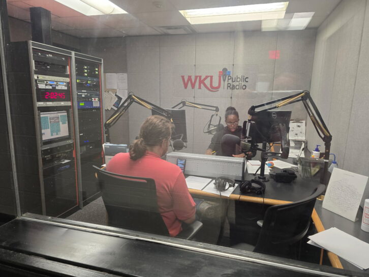 Neace speaking on the air during a radio pledge drive, sharing his perspective as a station engineer and encouraging donations to support the mission of public media.