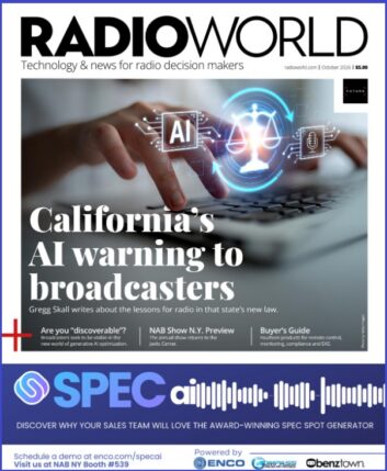Cover of Radio World with a concept image illustrating people interacting with AI in a legal and technical context