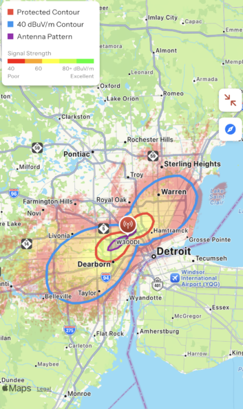 W300DI's contours and Longley-Rice signal depiction, from the RadioLand app.