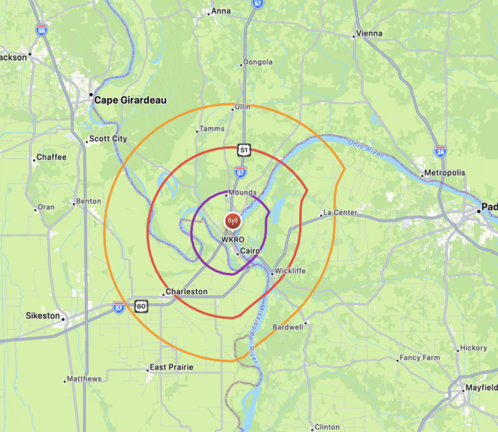 WKRO's 2 mV/m, 5 mV/m and 25 mV/m signal contours, from the RadioLand app