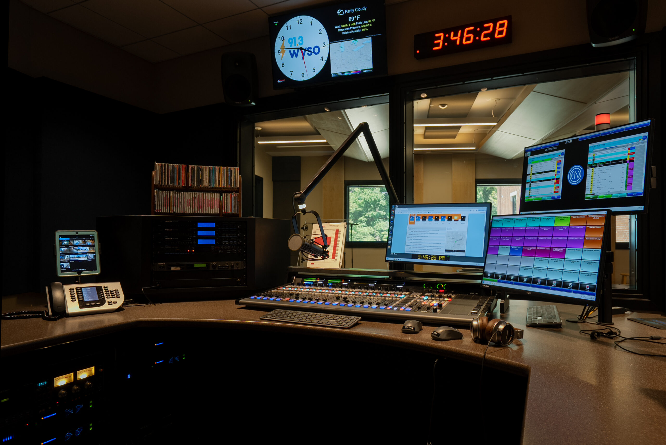 On-air studio. Wheatstone networking, ENCO automation and Studio Technology cabinetry were among the equipment selections.credit: Kelly Ann for WYSO 