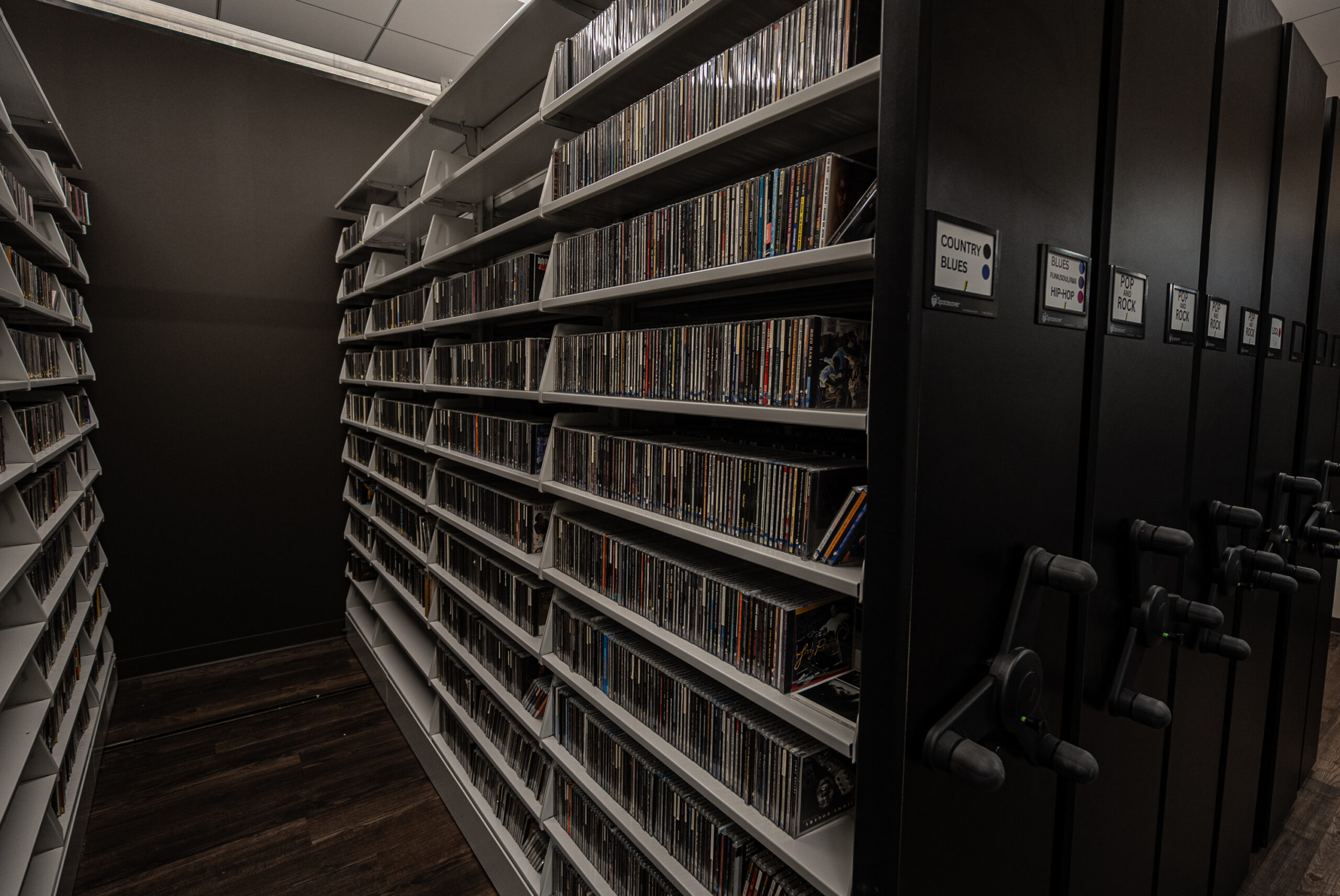 Moveable shelving holds the music library’s 50,000 CDs.