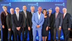 (From left) NYSBA President Heidi Raphael, Dan Miner, Chuck Samuels, Bob Krummenacker, Bill Ritter, Sid Rosenberg, Rosanna Scotto, Pete Cloutier, Hall of Fame Chairman/Emcee Ed Levine and NYSBA Senior Policy Advisor David Donovan. (Photo: Michael Priest Photography)