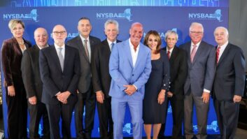 (From left) NYSBA President Heidi Raphael, Dan Miner, Chuck Samuels, Bob Krummenacker, Bill Ritter, Sid Rosenberg, Rosanna Scotto, Pete Cloutier, Hall of Fame Chairman/Emcee Ed Levine and NYSBA Senior Policy Advisor David Donovan. (Photo: Michael Priest Photography)
