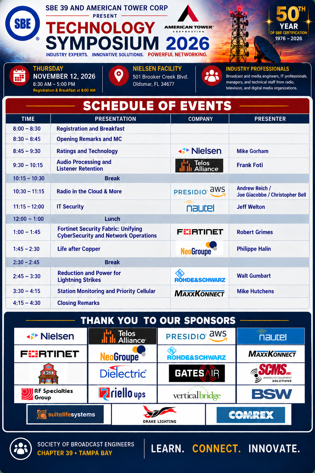 An agenda of sessions and list of sponsors for the Tech Symposium