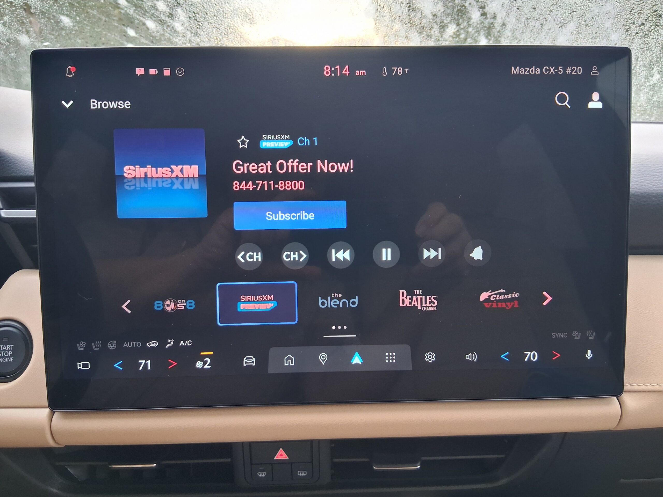 How SiriusXM satellite Radio appears when selected on the Mazda CX-5
