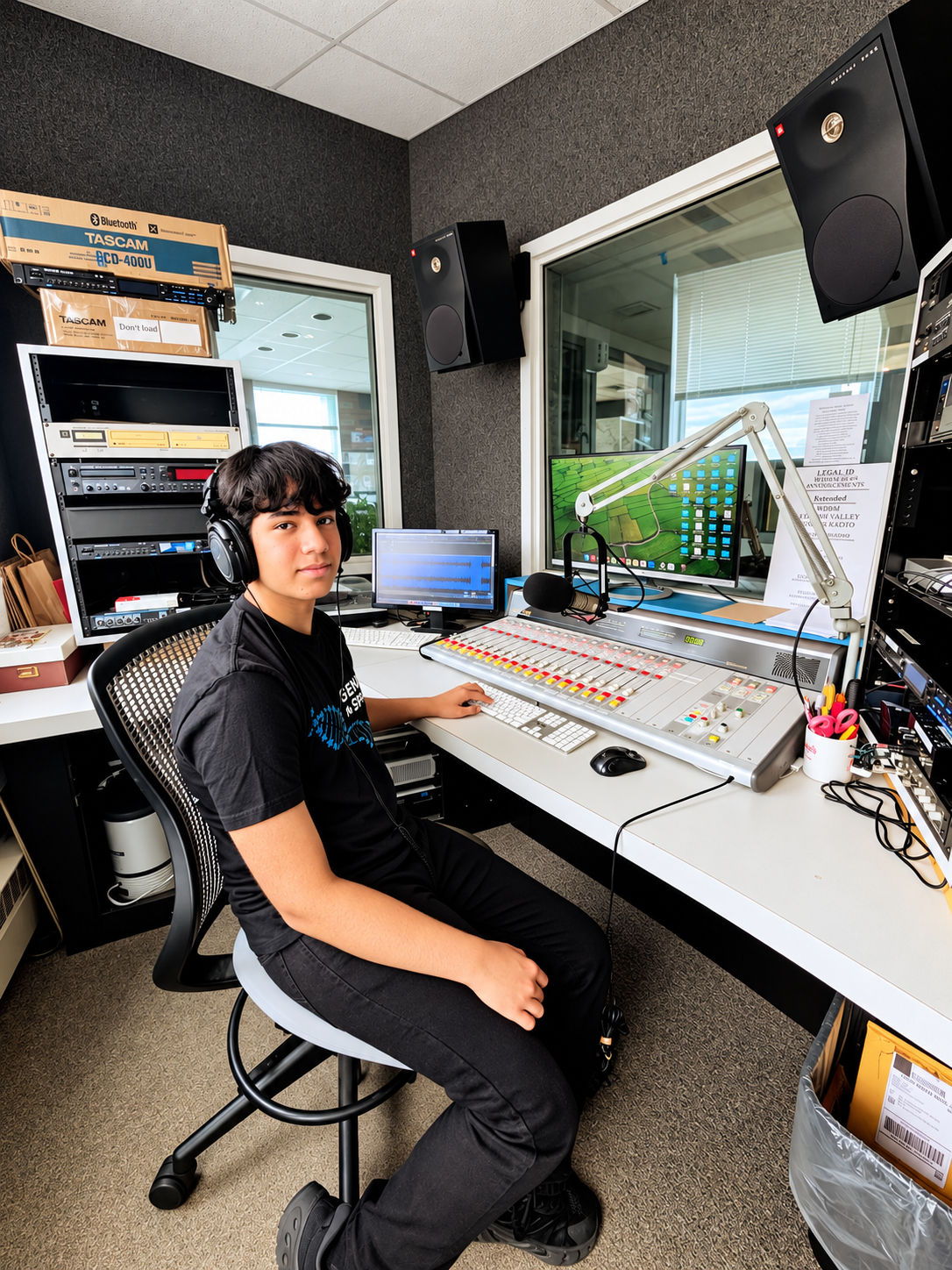 Aryash Shyam inside the WDIY(FM) studio. He hosts the monthly program, "Teen Scientist."