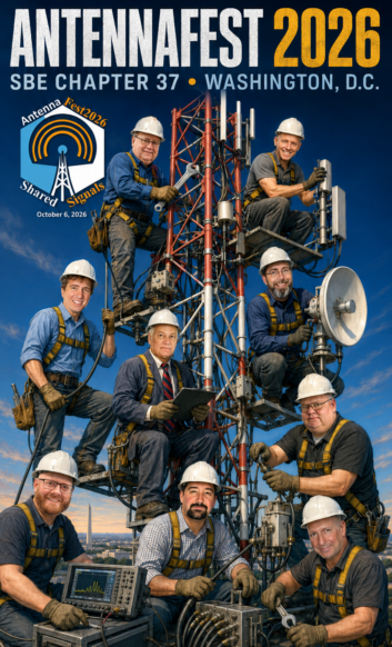 An AI-generated cartoon-style image of several people who appear to be working on a broadcast tower
