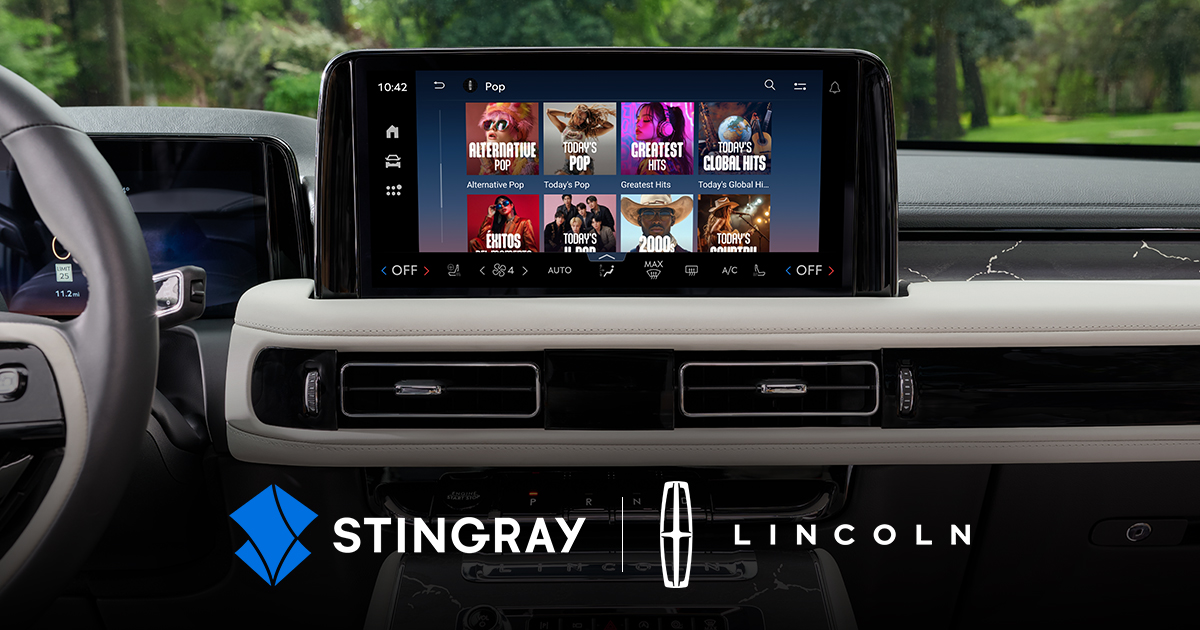 Image of a screen in a car dashboard with Stingray audio content icons