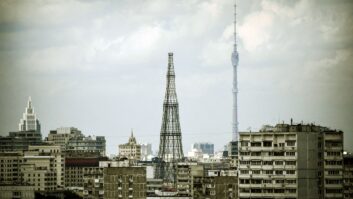 stankino TV tower (R) was erected in 1967 standing 540.1 metres (1,772 ft) and untill 1974, it was the tallest in the world. The tower was build up to substitute an obsolete Shukhov TV tower (L) built in 1922 with 160-metre-high (520 ft). (