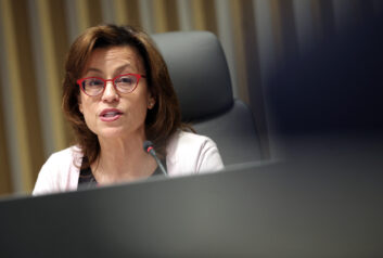 WASHINGTON, DC - FEBRUARY 18: Federal Communications Commission (FCC) Commissioner Anna Gomez participates in a FCC meeting at the Federal Communications Commission headquarters on February 18, 2026 in Washington, DC. The Commission met to discuss oversight of the FCC Lifeline program, broadband deployment on the 900 MHz band, capping noncommercial educational reserved FM band applications, and reforming intercarrier compensation. (Photo by Kevin Dietsch/Getty Images)