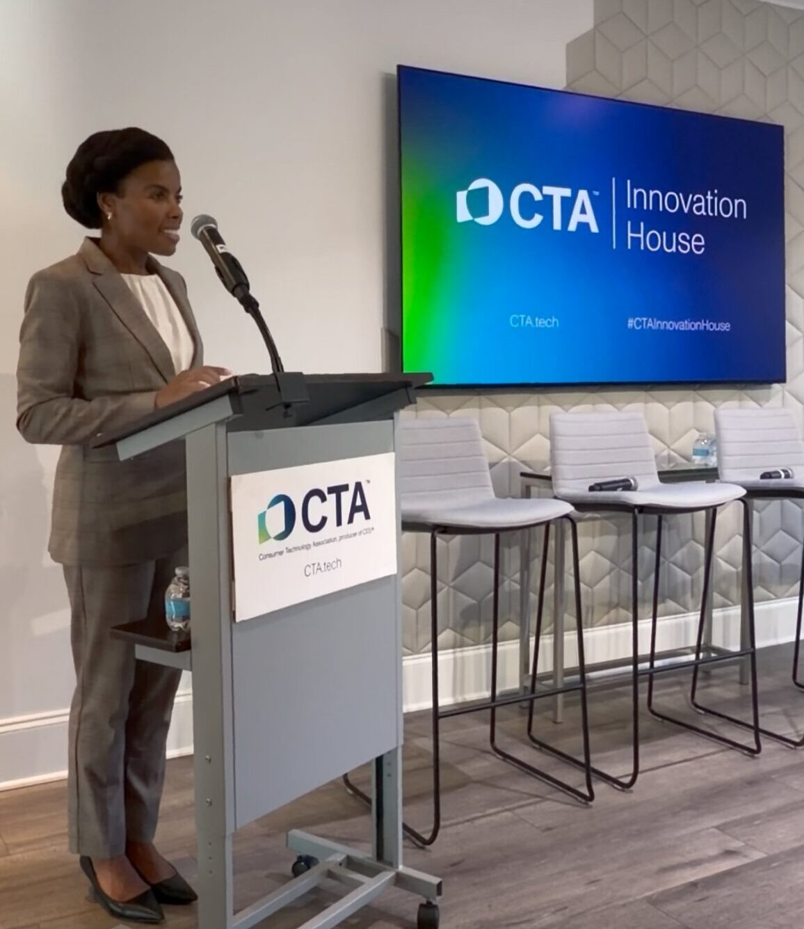 FCC Commissioner Olivia Trusty outlines her vision for rolling out the U.S. Cyber Trust Mark at the CTA Innovation House. Credit: X