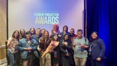 Students from WMSC(FM) at Montclair State University, with General Manager Anabella Poland, celebrate wins at the National Student Production Awards.