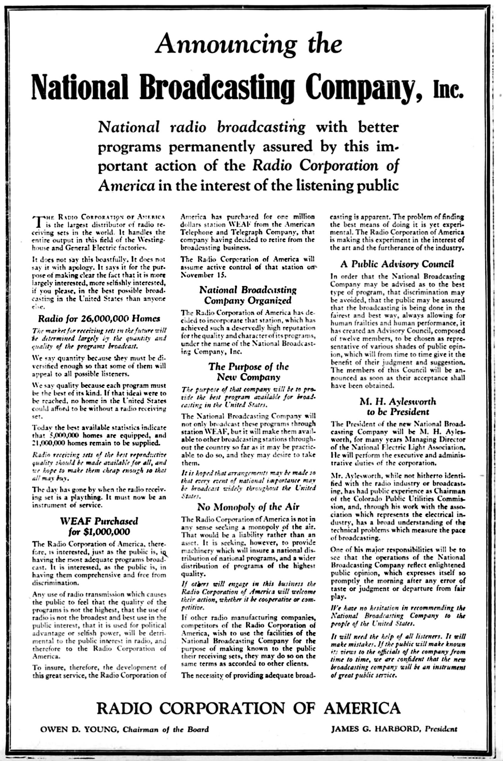 This advertisement, announcing the creation of the National Broadcasting Company, appeared in dozens of newspapers around the country on Sept. 13, 1925.