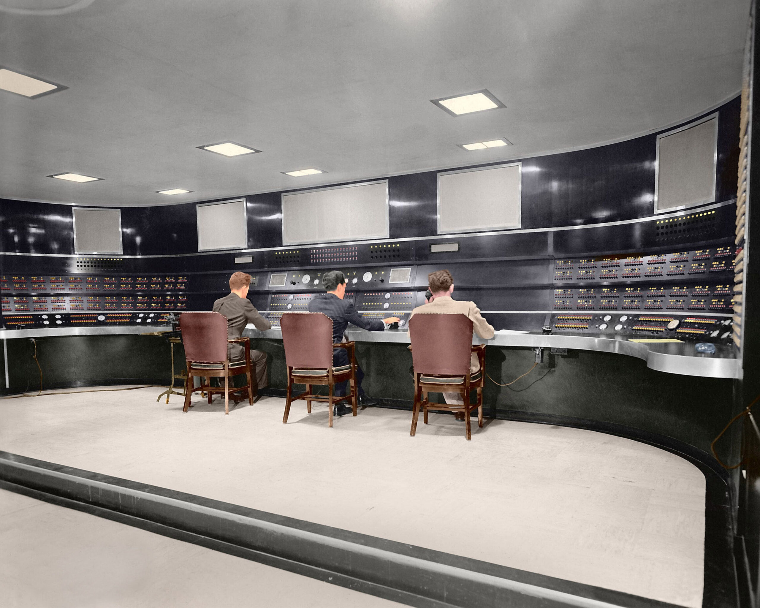 The Master Control Room at NBC’s Radio City studio complex, 1934. (Author’s collection, colorized by the author)