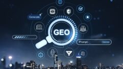 Magnifying glass with GEO data icons in modern digital style on dark city background showing business concept of analytics and search