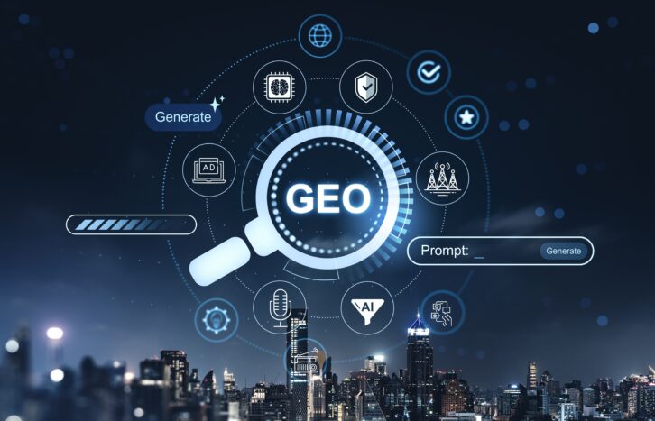 Magnifying glass with GEO data icons in modern digital style on dark city background showing business concept of analytics and search