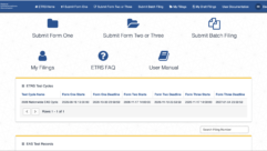 The ETRS home screen highlights active test cycles and options for submitting Form One, Form Two or Form Three.