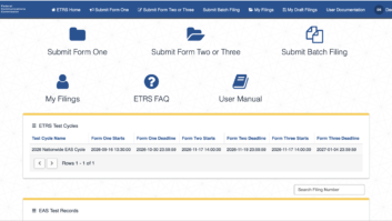 The ETRS home screen highlights active test cycles and options for submitting Form One, Form Two or Form Three.