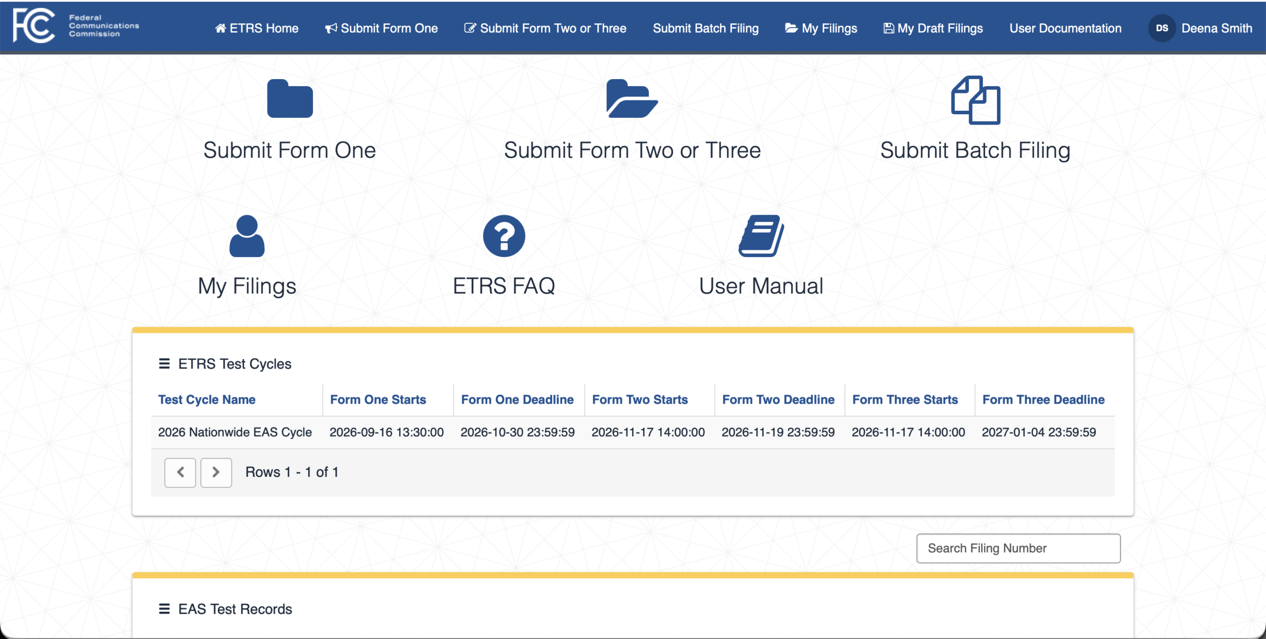 The ETRS home screen highlights active test cycles and options for submitting Form One, Form Two or Form Three.