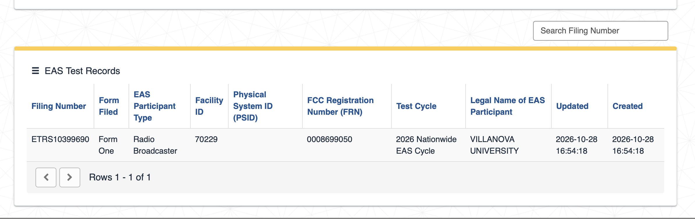 The EAS Test Records summary confirms the filing number, creation date and timestamp for station compliance records.