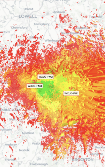 Locations of WXLO's three licensed boosters, with Longley-Rice coverage overlaid. From the RadioLand app.