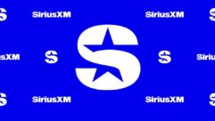 SiriusXM logo on a blue background with smaller versions of the same logo