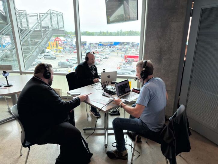 Another Radio One broadcast position at the Indy 500 using the Tieline ViA. Chief Engineer Nick Lopez is at center, with John Michael Vincent, host of “The Ride With JMV,” at right, and a show guest. 