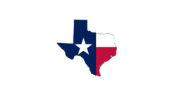 Stylized map of Texas with state flag superimposed